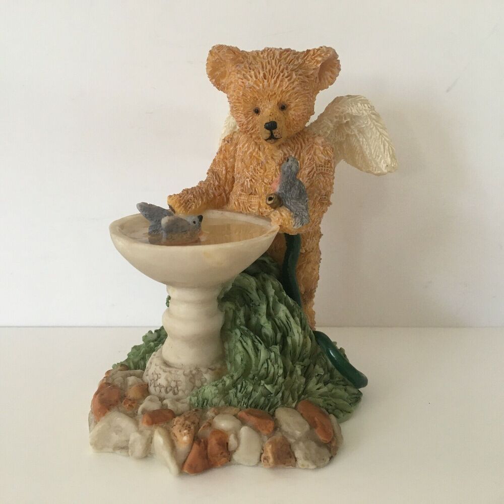 Teddy Angels Bruin & Bluebirds NURTURE & NATURE Birdbath & Birds Figurine 4"